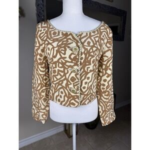 Magali Collection 100% Silk Cropped Jacket Blouse Tan Abstract Print Size 8